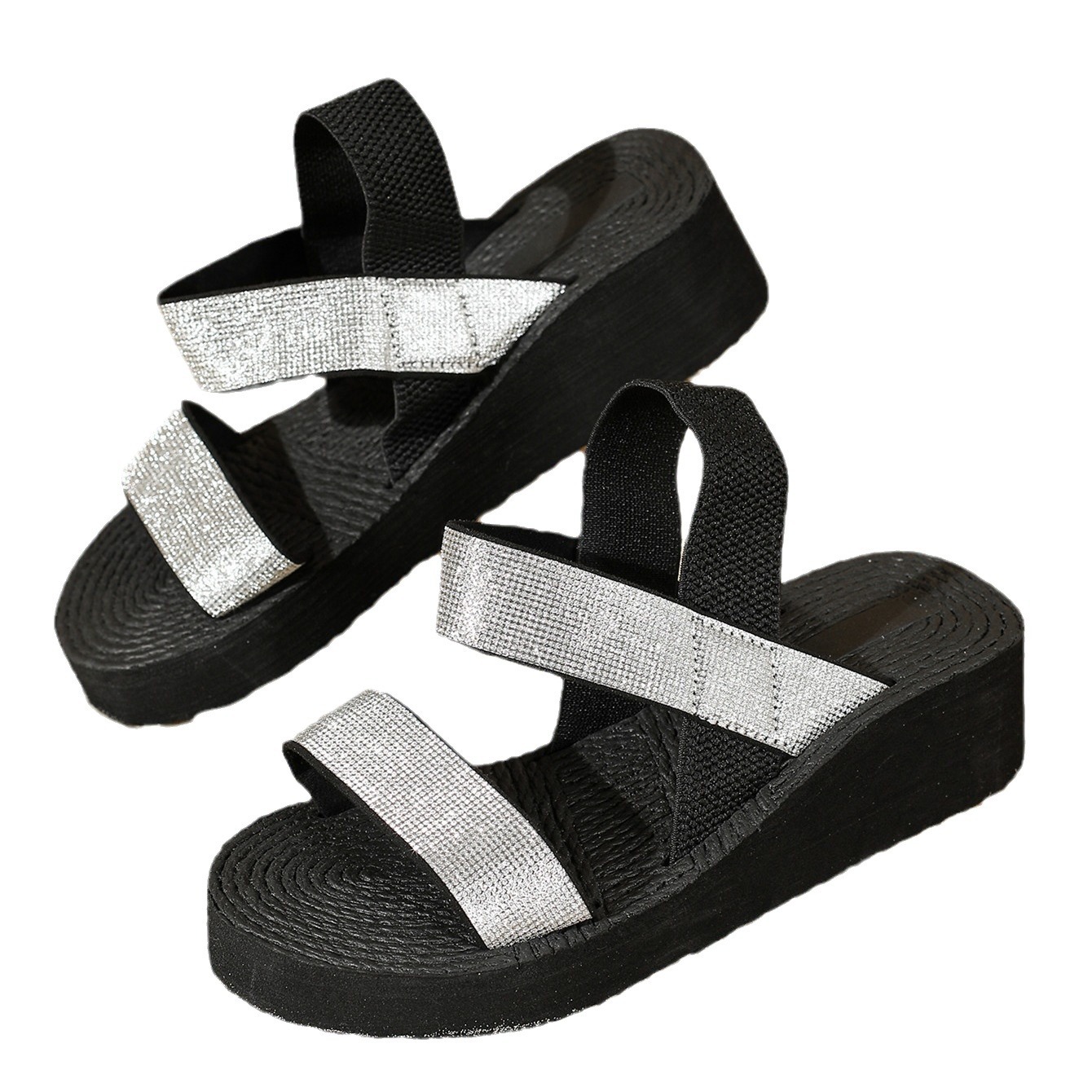 Sandalias transfronterizas de comercio exterior las mujeres usan la nueva versión coreana de la moda de verano, cinturones de diamantes de imitación con suelas gruesas zapatos romanos