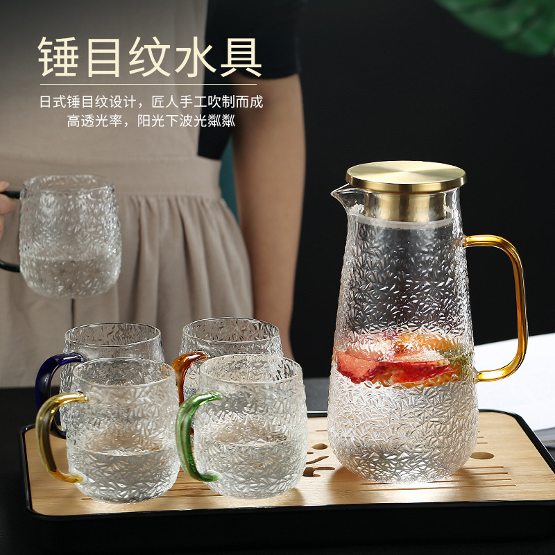 冷たい水筒ガラス高ホウ素シリコン家庭用大容量冷たい水筒ティーポットセット氷紋耐熱お湯カップ|undefined
