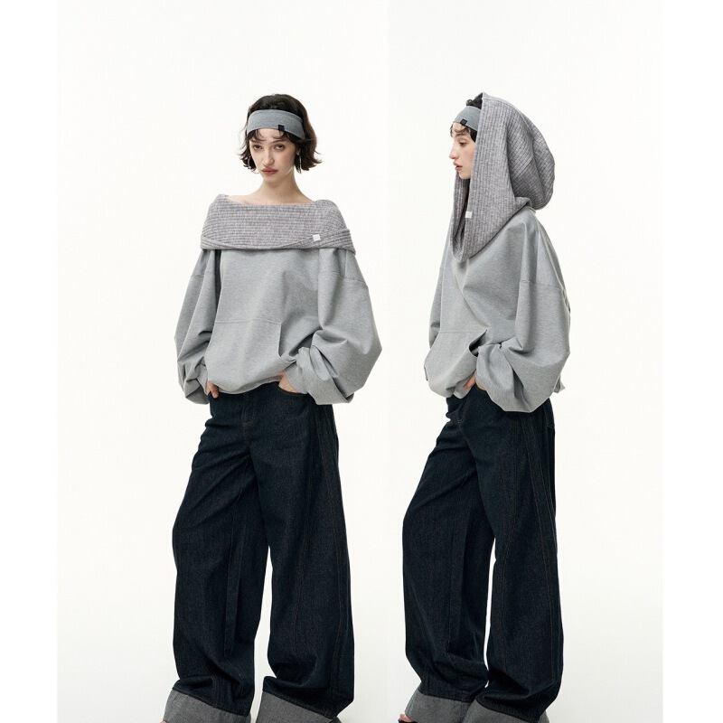 Salthe Salt Tea丨[Borges] Slanted Shoulder One-Line Collar Loose Pullover Hooded Sweatshirt Off-Shoulder Top for Women