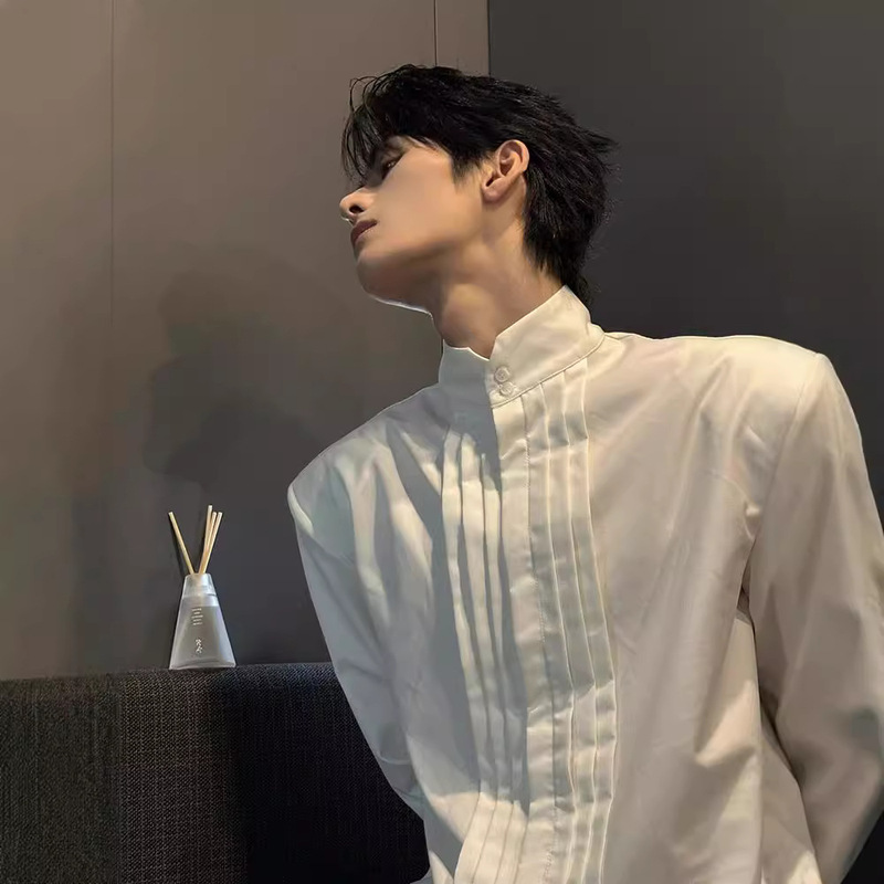 White Shirt High-grade Pleated Padded Shoulder Jacket Trendy Brand European and American Street cleanfit Suit Inner Shirt for Men