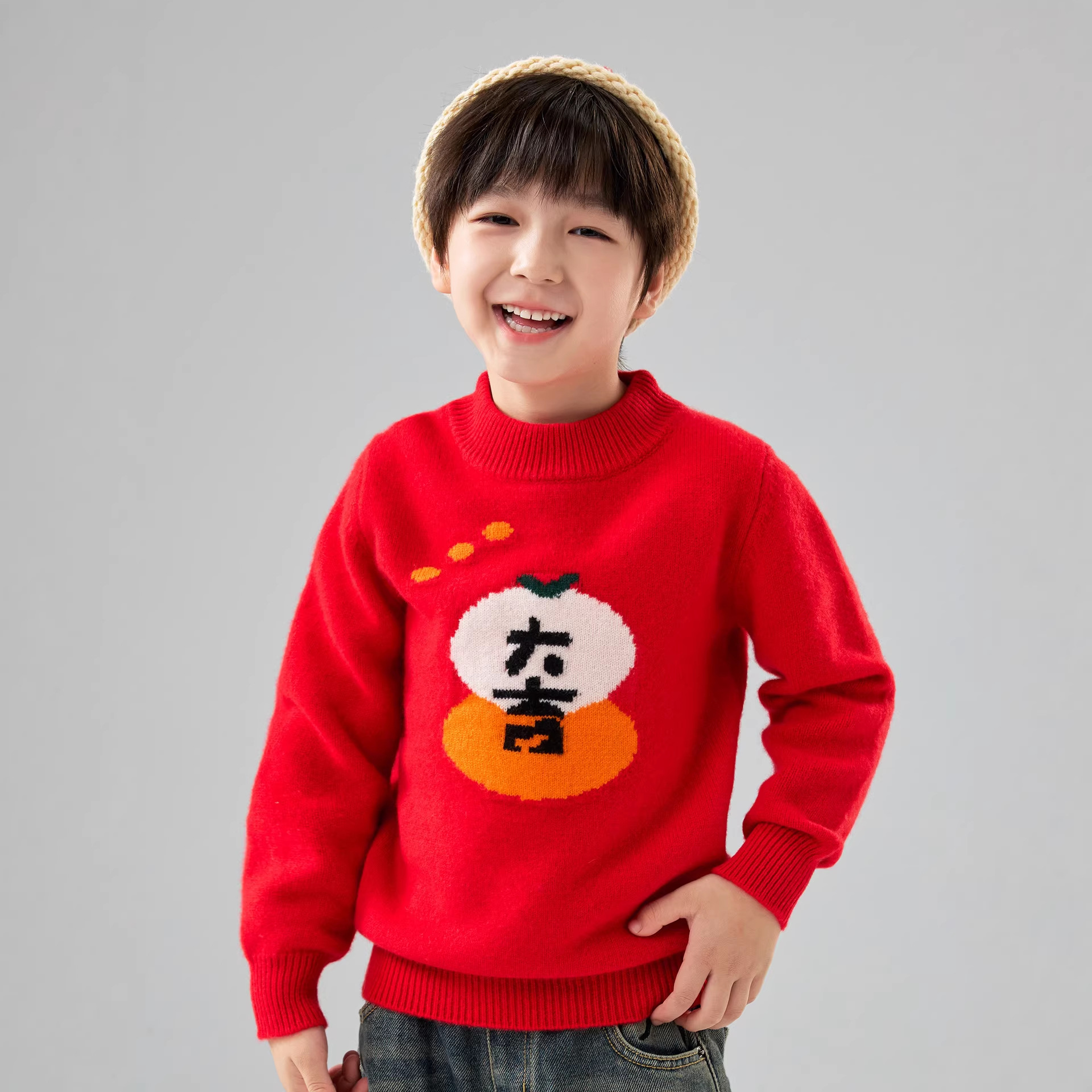 秋冬新款100%纯羊毛衫新年款红双股加厚针织打底衫男儿童内搭毛衣