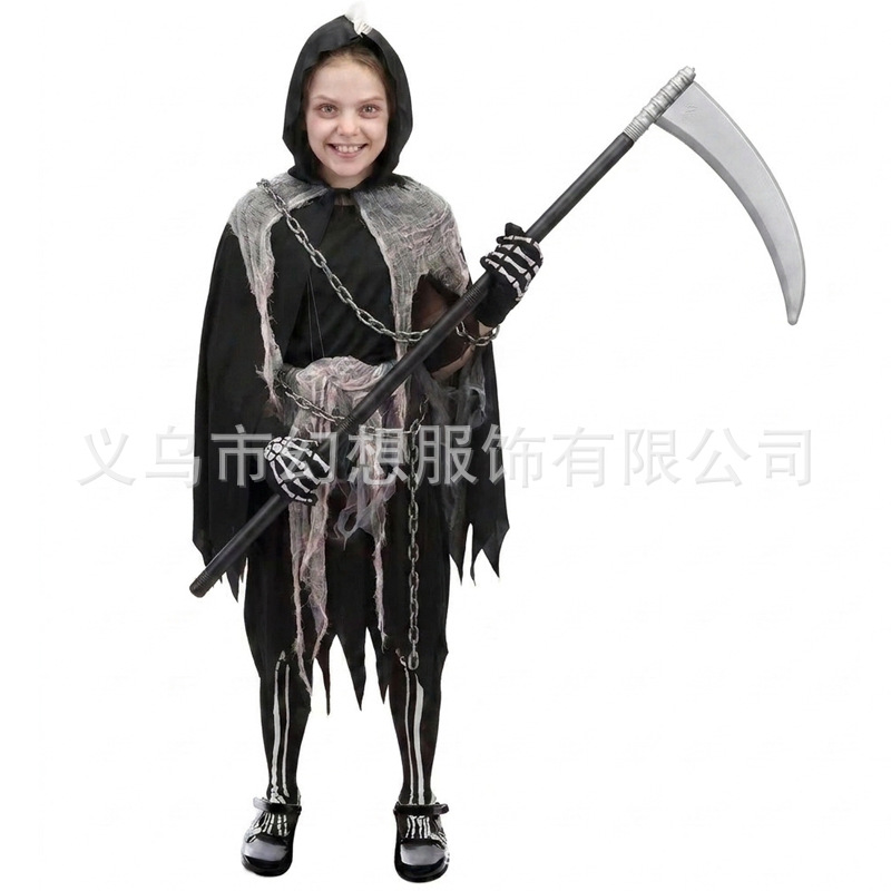 Girls' Torn Mesh Grim Reaper Cosplay Costume with Chain, Skeleton Gloves, and Scythe for Halloween Horror Role Play