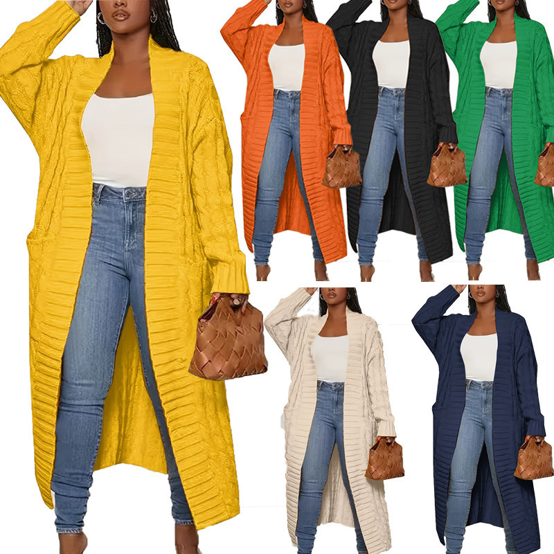 Knitted Jacket New Fashion Sweater Elegant Solid Color Autumn Winter Pocket Cross-Border J21 Amazon 17 European and American Women