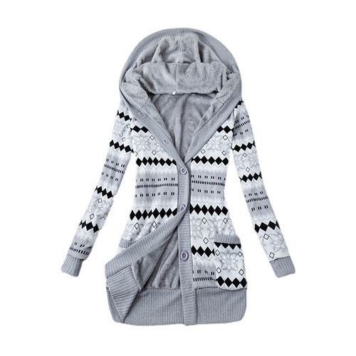 Real-shot  European and American AliExpress new velvet-lined, thickened, printed hooded knitted cardigan jacket—factory direct sales.