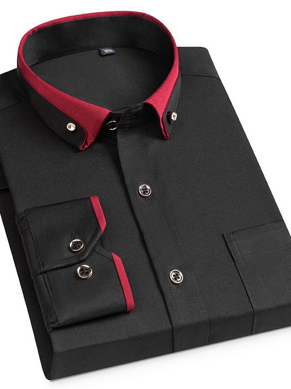 Camisa elástica de manga larga antiarrugas hebilla de diamante contraste color collar hombres de negocios casual Four Seasons camisa de bolsillo para hombre
