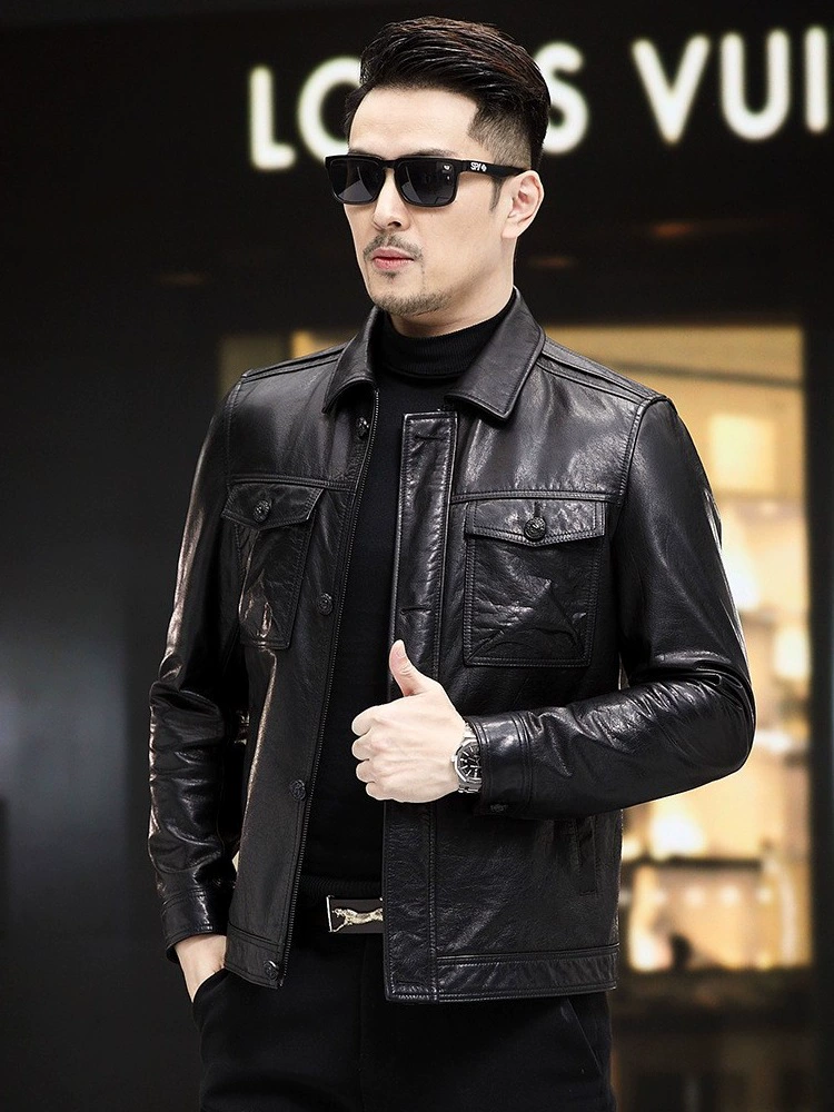 Leather down jacket with down
