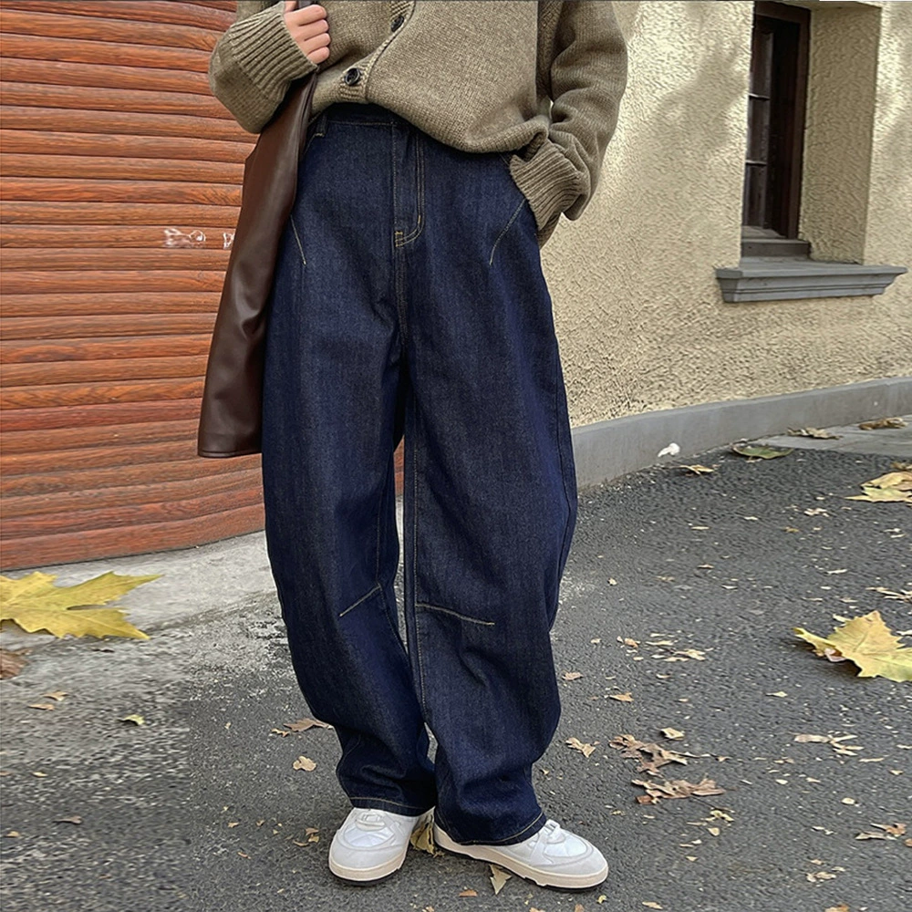 Новые зимние японские и корейские повседневные джинсы с изогнутой высокой талией и широкими штанинами, утолщенные флисовые теплые свободные повседневные брюки для женщин
