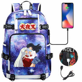 一件代发日漫卡通犬夜叉USB耳机青少年学生书包男女旅行双肩背包
