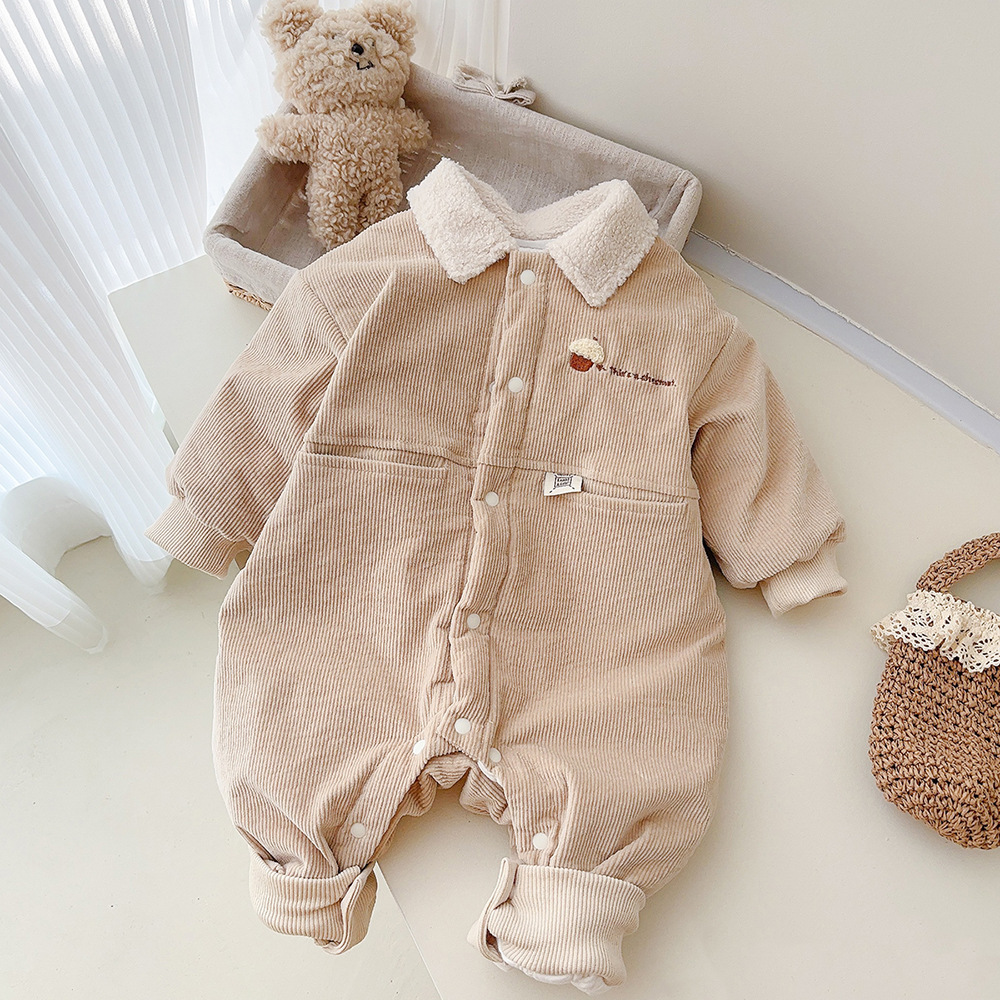 Ropa de bebé otoño e invierno versión coreana de la ropa para niños de moda mono bebé masculino a principios del invierno hermoso mameluco de algodón con clip de finales de otoño