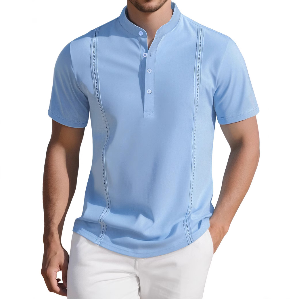 Nueva camiseta de hombre estilo europeo y americano con media cremallera, camiseta informal de verano a rayas de manga corta para negocios, camiseta transpirable estampada.