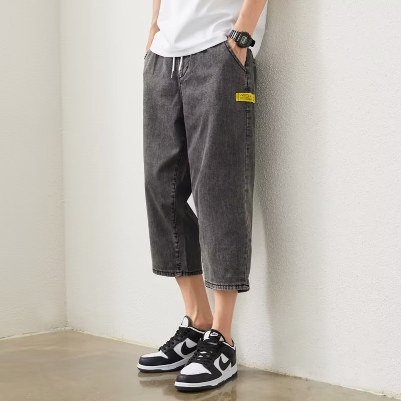 Verano delgado verano vaquero tendencia de los hombres sueltos rectos tallas grandes pantalones recortados marca de moda de los hombres pantalones medios de 7 puntos