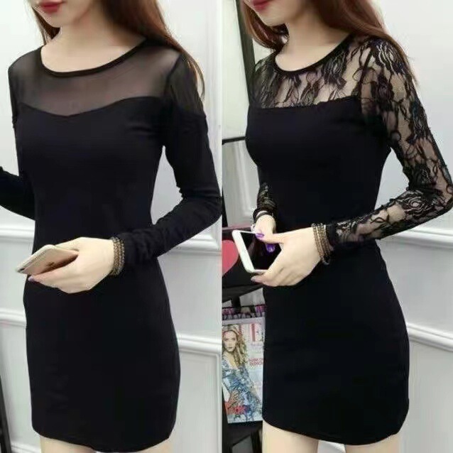 New Spring and Autumn Large Size Lace Base Skirt Sheath Slim-fit Women's Mid-length Dress Women's Mesh Stitching Long Sleeve