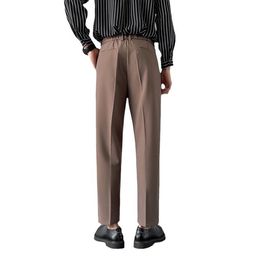 Slim-fit trendy youth-style solid-color casual dress pants—on-trend men's cropped trousers for autumn, featuring a minimalist Harajuku vibe.