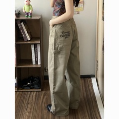 【广州新塘牛仔】复古字母刺绣宽松直筒工装牛仔裤女设计感阔腿长