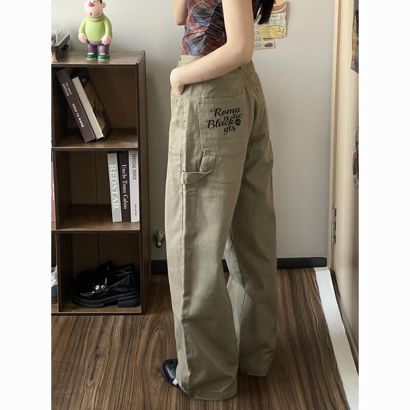 【广州新塘牛仔】复古字母刺绣宽松直筒工装牛仔裤女设计感阔腿长|undefined