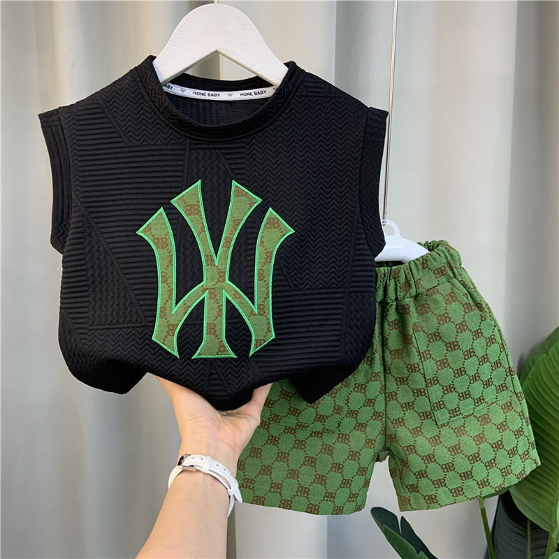クロスボーダー子供服【刺繍モデル】男の子ベストスーツ新しい子供ネットセレブ服子供クールでハンサムな夏服|undefined