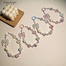 (特价)串珠饰品韩国版电镀UV镀彩夜光手机链蝴蝶结手绘珠钥匙扣挂