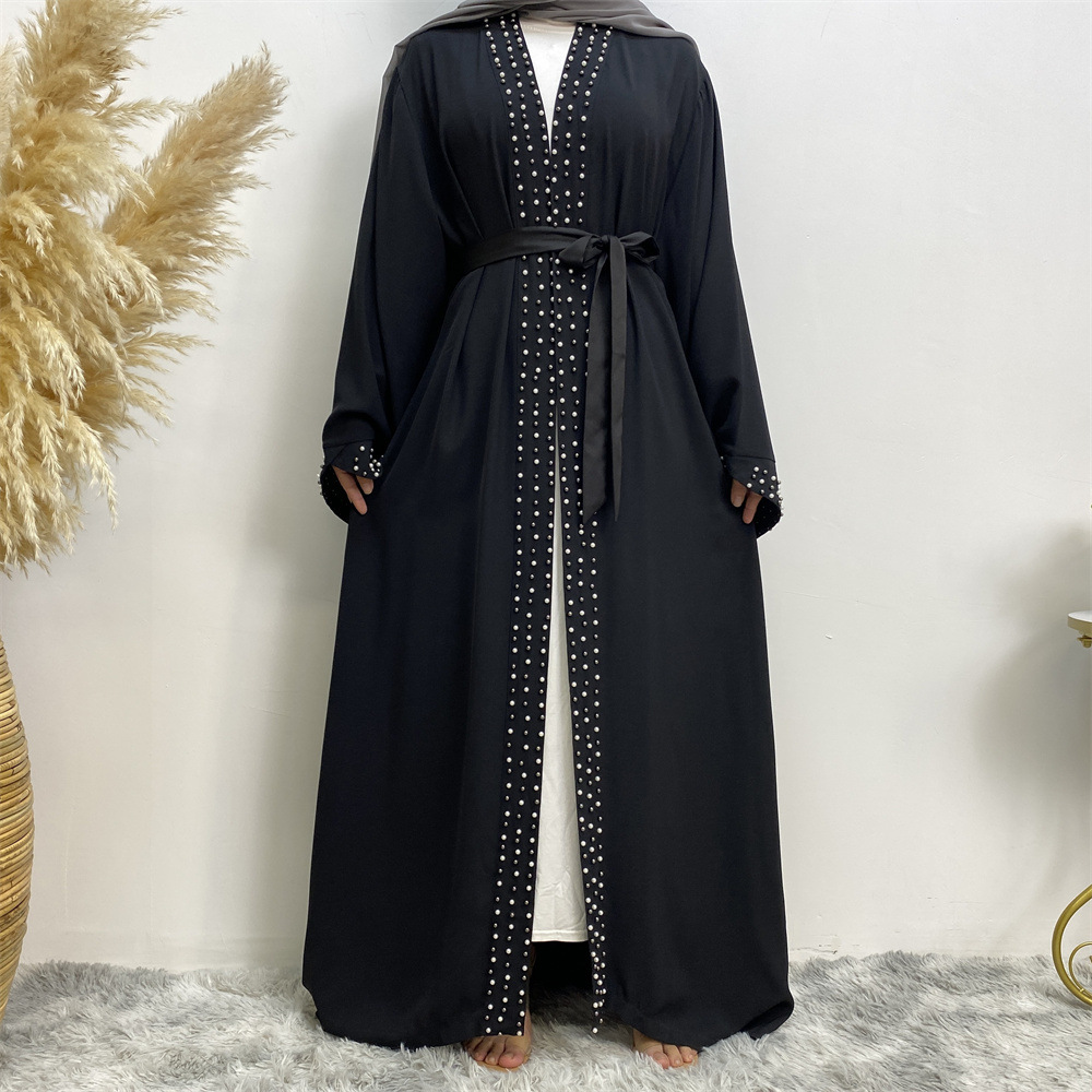 Arab Turkish Middle Eastern Fashion Elegant Solid Color Beaded Muslim Tie-Up Cardigan Robe 1838_ecoleips.com