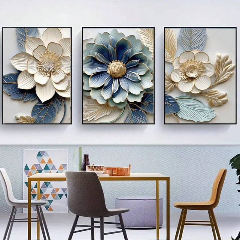Elegant Blue Golden Flowers Canvas Poster Print Wall Art Picture for Living Room Bedroom Home Decoration