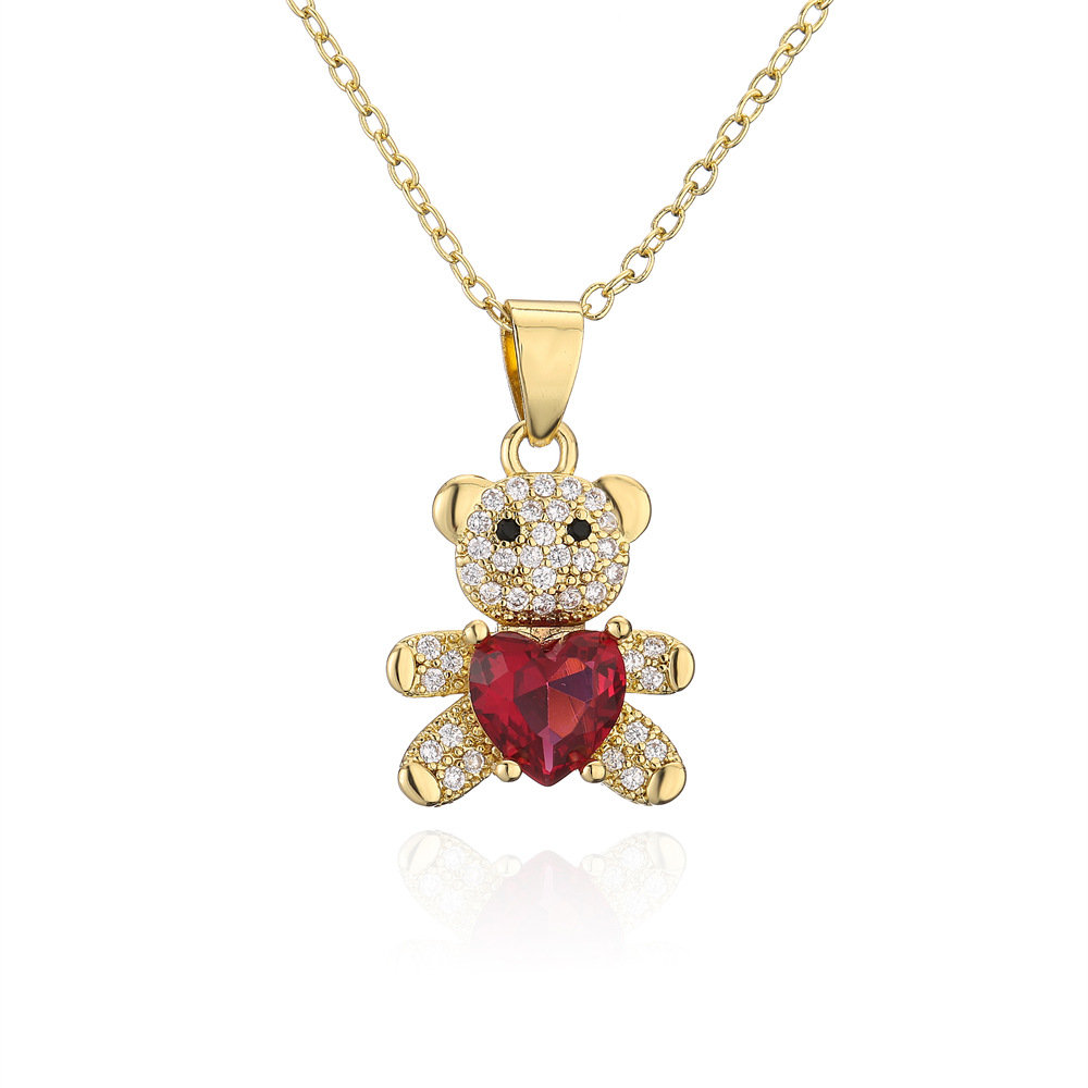 copper micro-encrusted zircon jewelry cute heart shaped bear pendant gold necklace