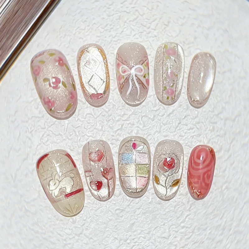 French-style fan-shaped glass bead cat-eye press-on nails, oval-shaped with white bow and silver-plated flowers, wholesale nail art pieces French-style fan-shaped glass bead cat-eye press-on nails, oval-shaped with white bow and silver-plated flowers, wholesale nail art pieces