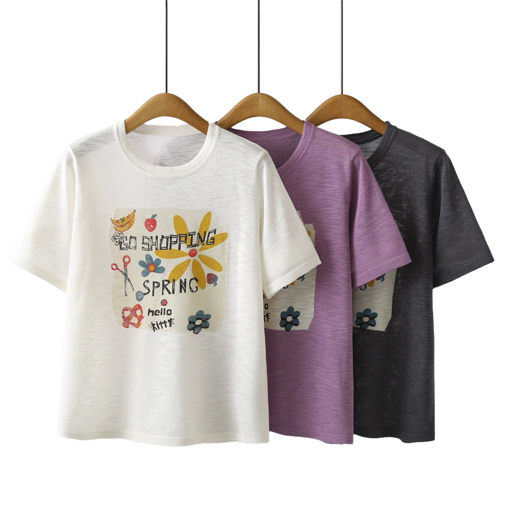 Летняя новая футболка большого размера в корейском стиле, повседневная жаккардовая футболка с коротким рукавом для полных женщин, простой вязаный топ с принтом 2617