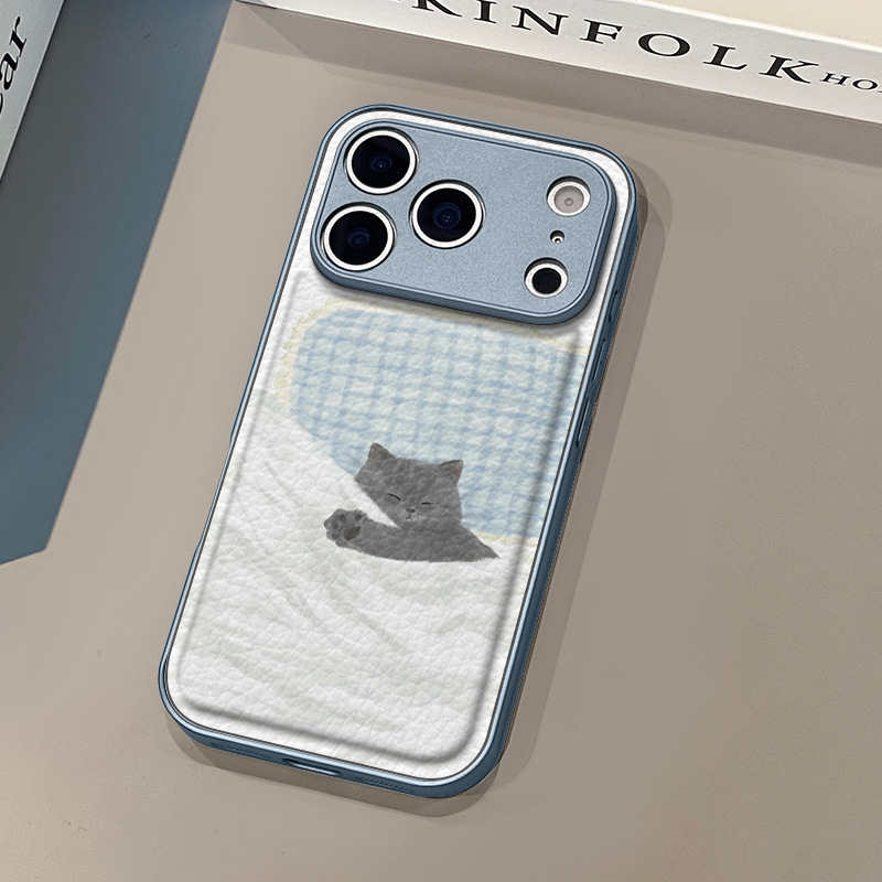 Sleeping Kitten Suitable for Apple 17Pro Mobile Phone Case Iphone16Pm Leather Texture 15 Stylish 14Plus Anti-Fall 13
