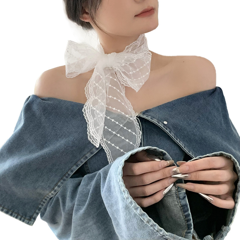 Pañuelo de seda Tiras largas Pañuelo de seda de encaje de primavera y verano de alta calidad, accesorios para el cabello, tocado, protector para el cuello, pañuelo para el cuello, pañuelo para el cabello, cinturón decorativo