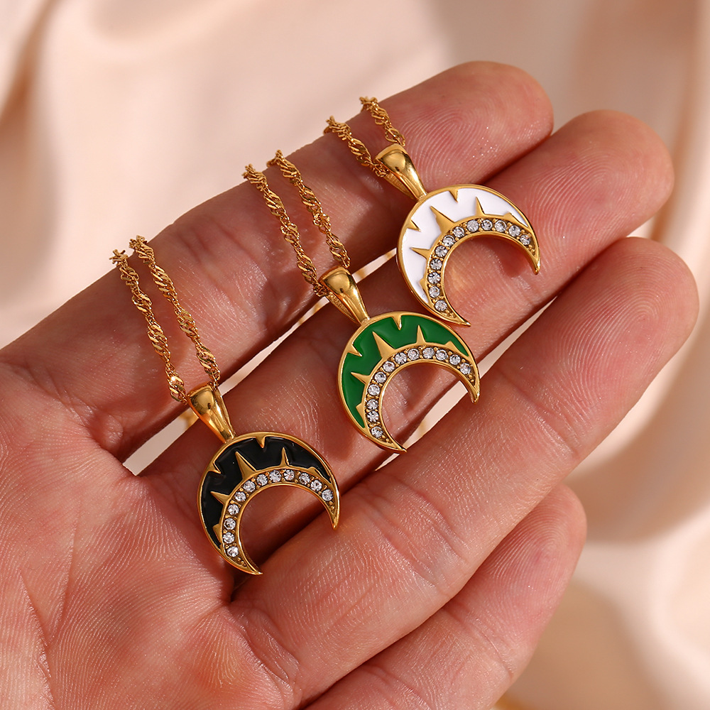 Retro Geometric Moon Stainless Steel Pendant Necklace Plating Zircon Stainless Steel Necklaces