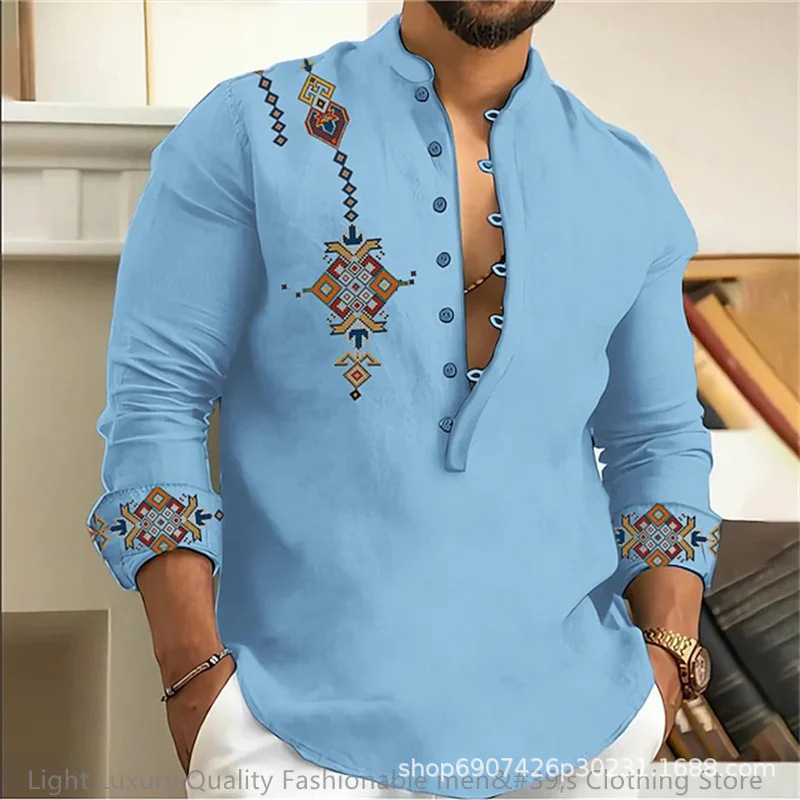 European and American Men's Shirts Summer New Long-Sleeved Stand-Up Collar Trendy Half-Cardigan Cross-Border Printed Casual Thin Shirts for Men