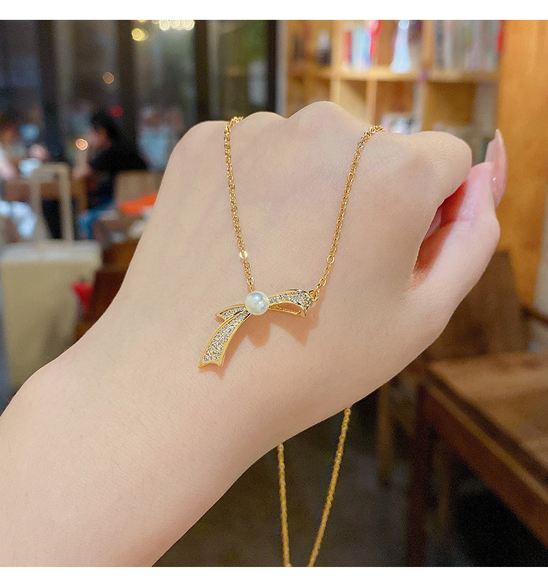Womenu0027S Sweet Bow Knot Imitation Pearl Titanium Steel Necklace Pearl Bowknot Zircon Necklaces