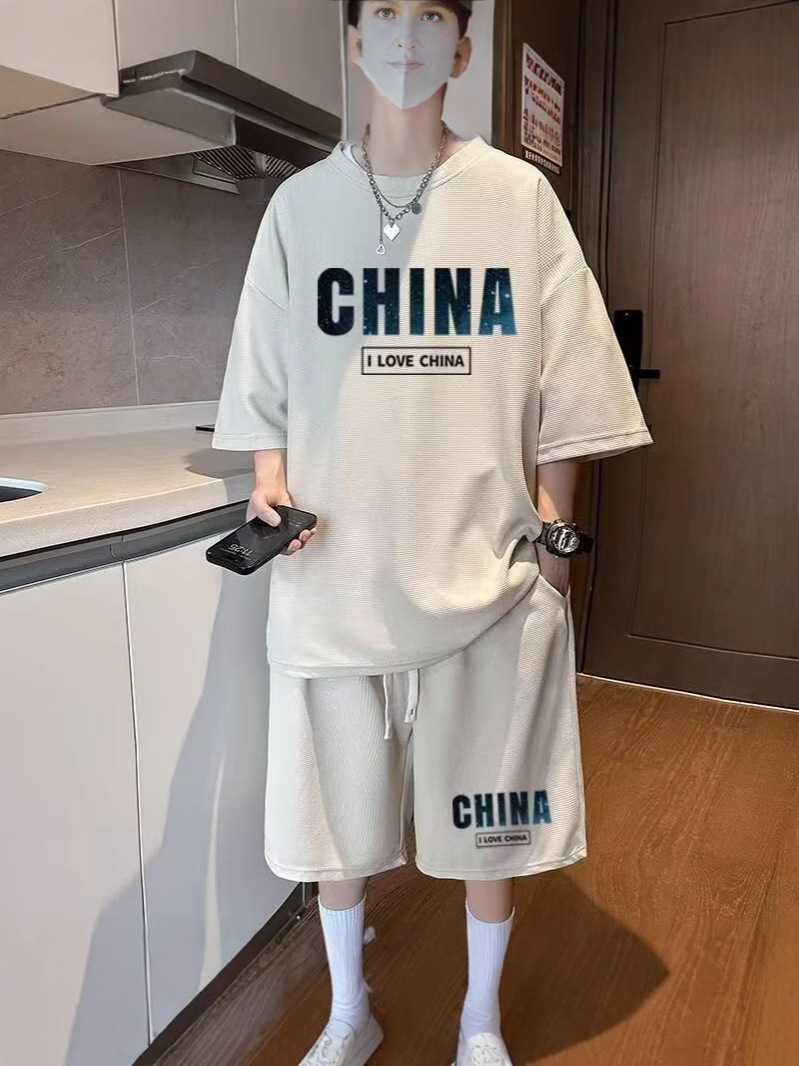 Camisas menos ropa verano para hombres nuevo waffle traje de manga corta deportes casuales de dos piezas en uno guapo y suelto