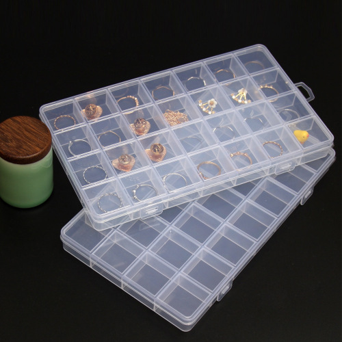 Jewelry Organizer Box with 28 Fixed Compartments, Anti-Tangle Design; Transparent Plastic Earring & Stud Holder for Rings