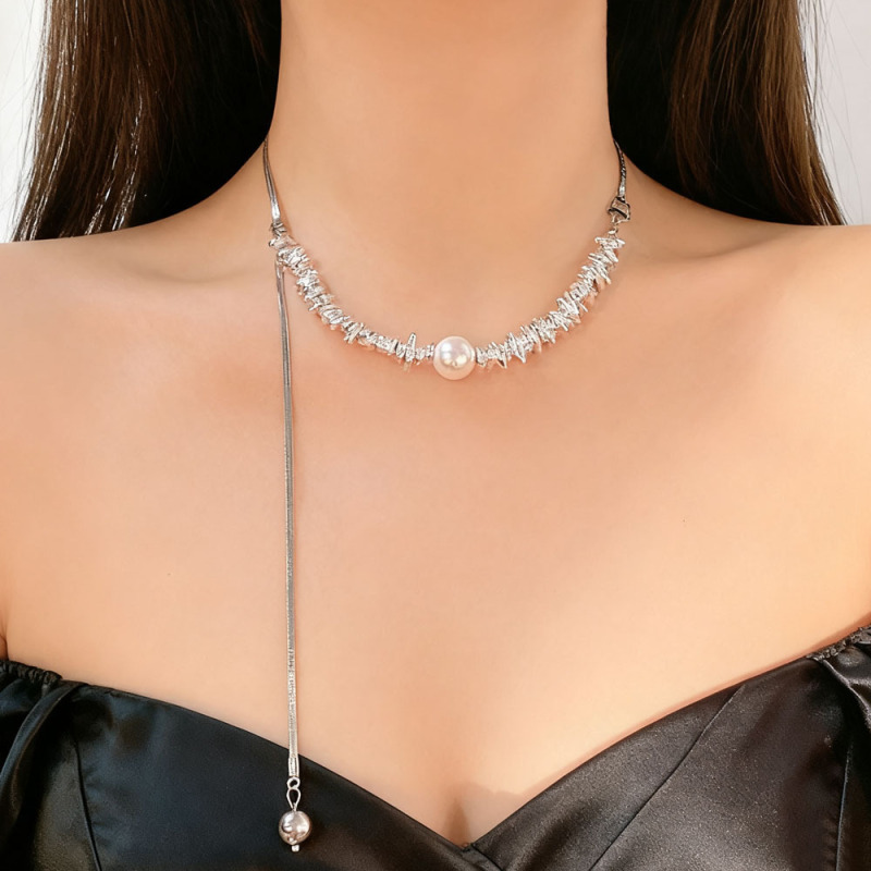 Korean Blogger's Same Style Broken Silver Pearl Tassel Necklace Women's Niche Design Pull-Adjustable Clavicle Chain Necklace Korean Blogger's Same Style Broken Silver Pearl Tassel Necklace Women's Niche Design Pull-Adjustable Clavicle Chain Necklace