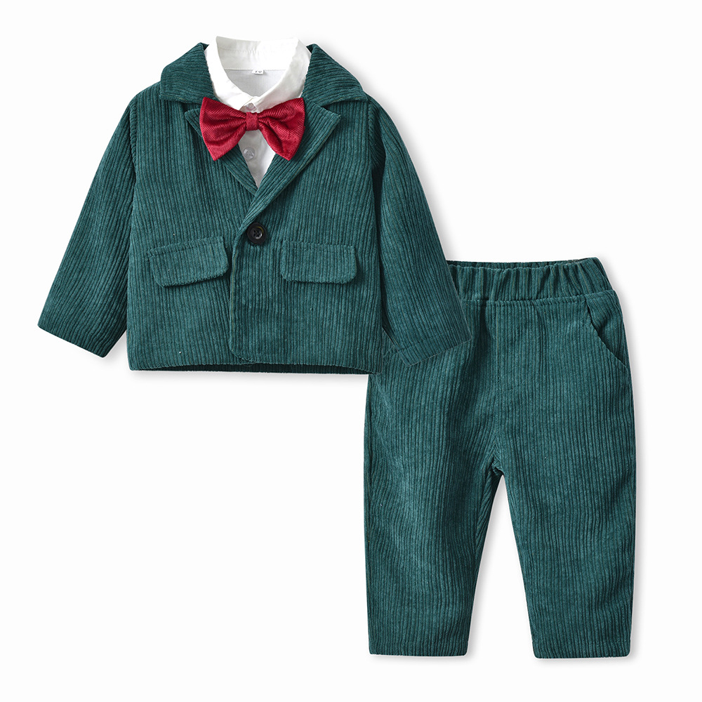 New Children's Clothing Long-sleeved Corduroy Jacket Solid Color Cotton Shirt Children's Pants Three-piece Set display picture 1