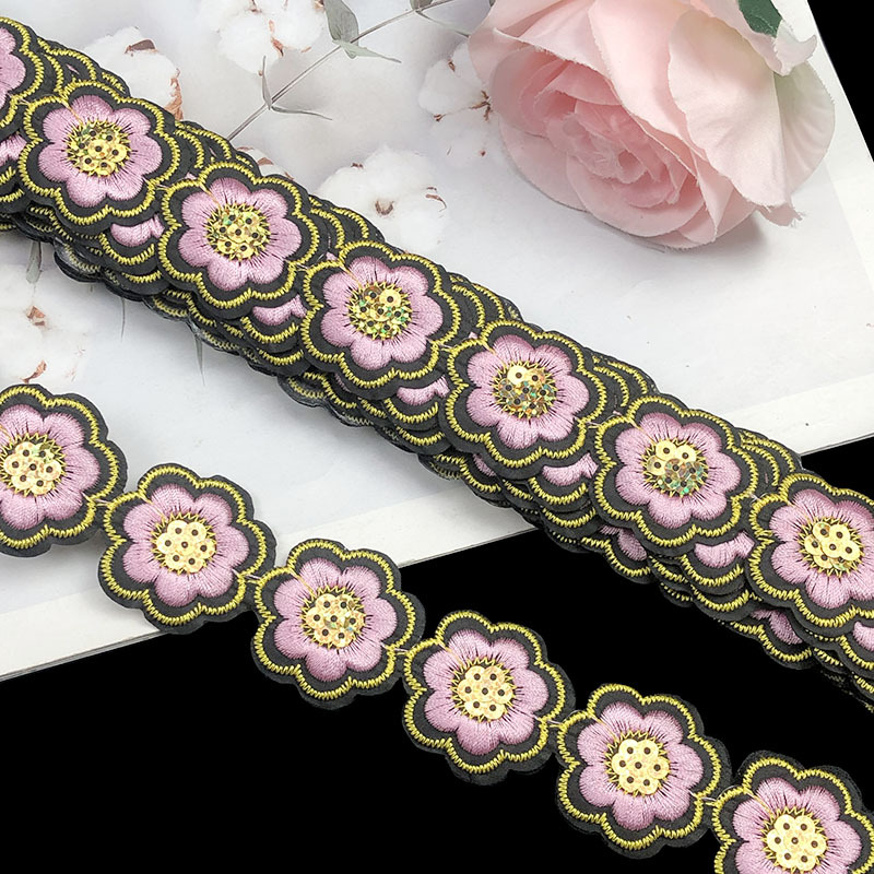 Encaje Bordado con Lentejuelas de Flor de 3.5 cm, Poliéster, Termoadhesivo, para Ropa