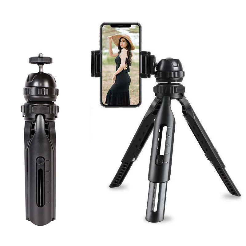 Desktop Tripod Telescopic Folding Table Stand, Adjustable 15–25 cm, 360° Ball Head, 1/4" Thread