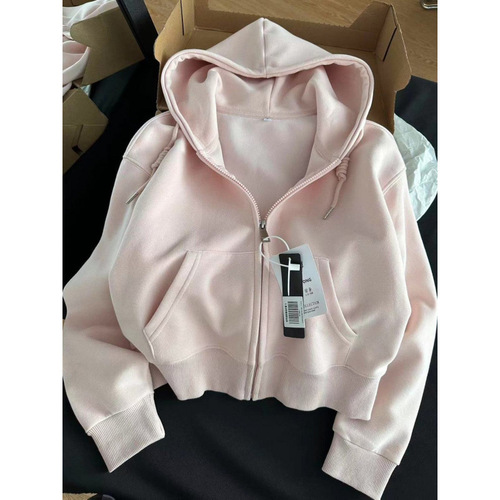 Whitening milk-powdered Korean-style short sleeve hoodie jacket for women, hooded sweatshirt, thin zipper cardigan for outerwear