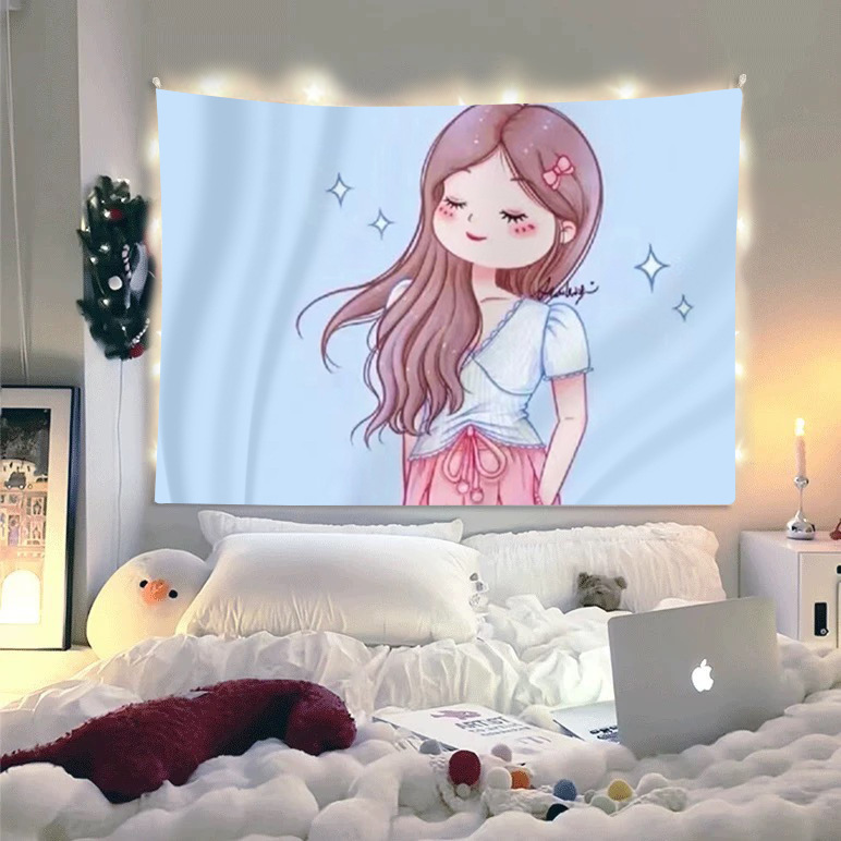 モダンでシンプルなベッドサイド装飾背景布、インスタ映えする壁掛け布、寝室や寮用の漫画風タペストリー、ネット配信用背景布|undefined