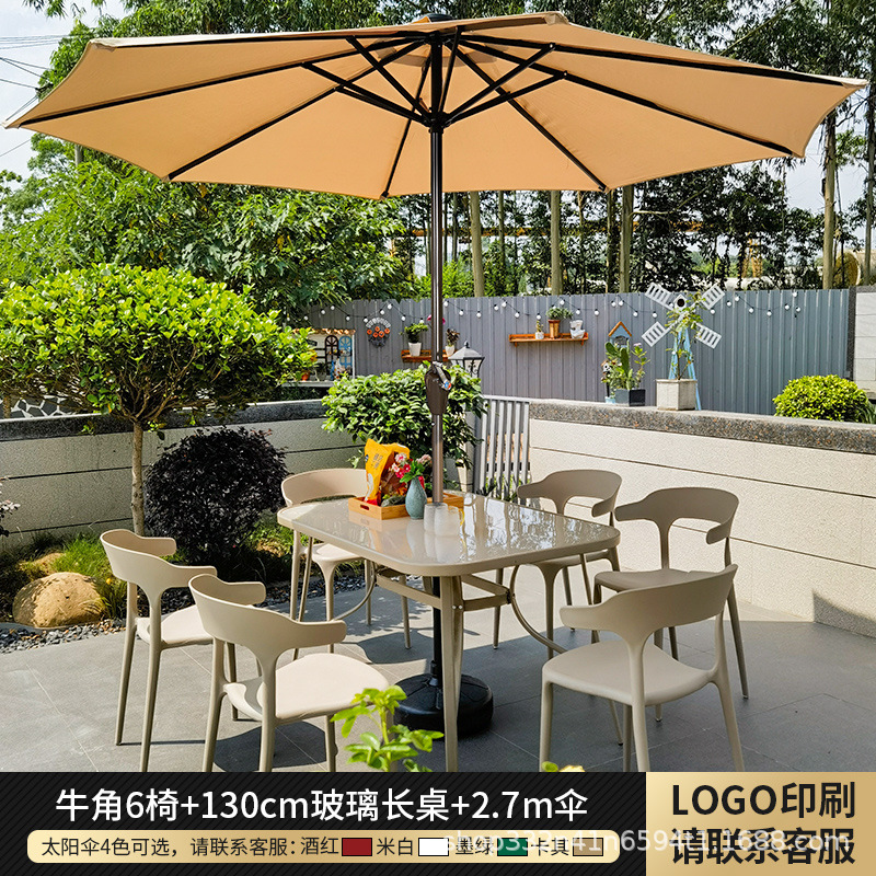 테이블 의자 우산 조합 [6 샴페인 혼 의자 _ 130cm 유리 긴 테이블]]