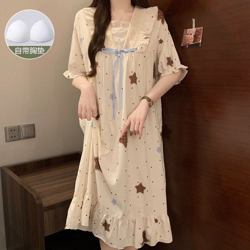 Cloud Cotton Pajamas with Breast Pads, Summer New Style Short-Sleeved Cartoon Cute Style Women's Nightgown That Can Be Worn Outside, Korean Style Home Clothes Cloud Cotton Pajamas with Breast Pads, Summer New Style Short-Sleeved Cartoon Cute Style Women's Nightgown That Can Be Worn Outside, Korean Style Home Clothes