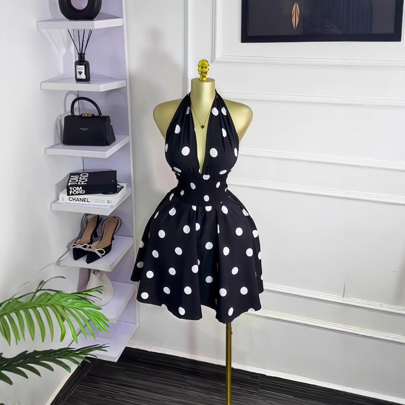 European and American Cross-Border Women's Clothing 2025 Summer New Polka Dot Sleeveless V Neck Strap Backless Waist Short Dress