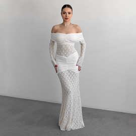 法式优雅气质连衣裙白色蕾丝针织一字肩修身S裙性感包臀裙晚礼服