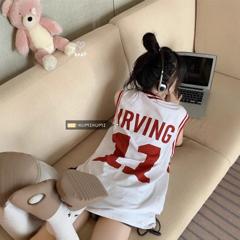 Korean Retro Letter Sports Vest Women's Summer New Style Street Age-Reducing Mid-Length Basketball Uniform Sleeveless T-Shirt Top