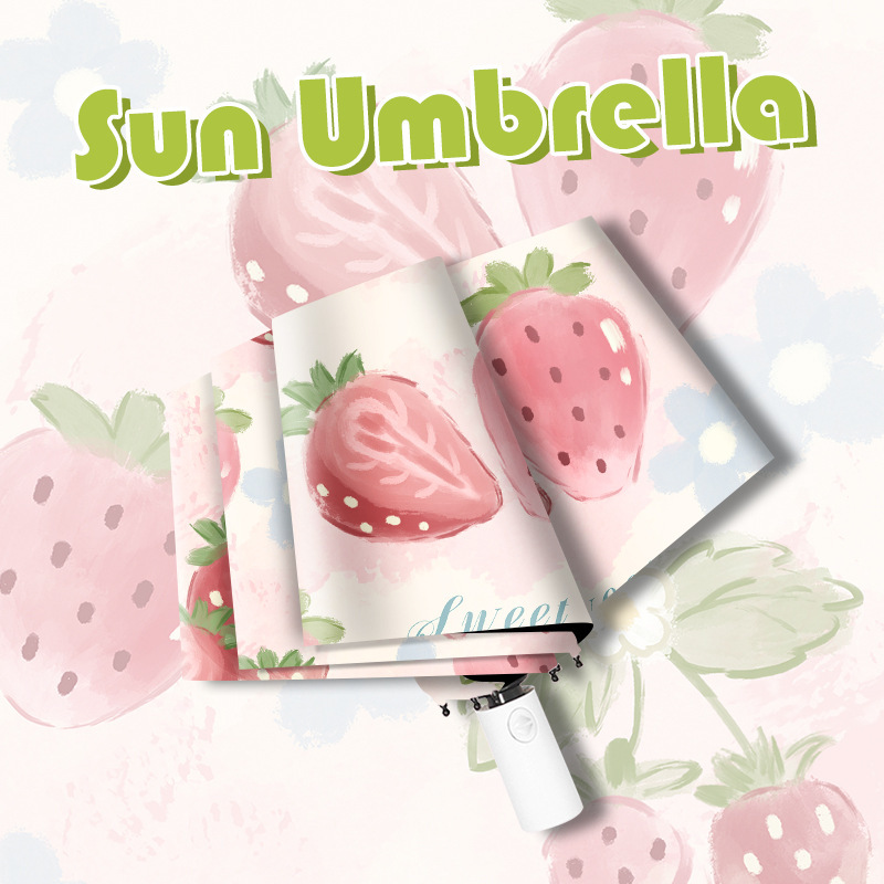 Internet Celebrity Cute Strawberry Umbrella, Automatic Sun Umbrella, Dual-Use for Sun and Rain, Uv Protection Umbrella, Wholesale by the Box