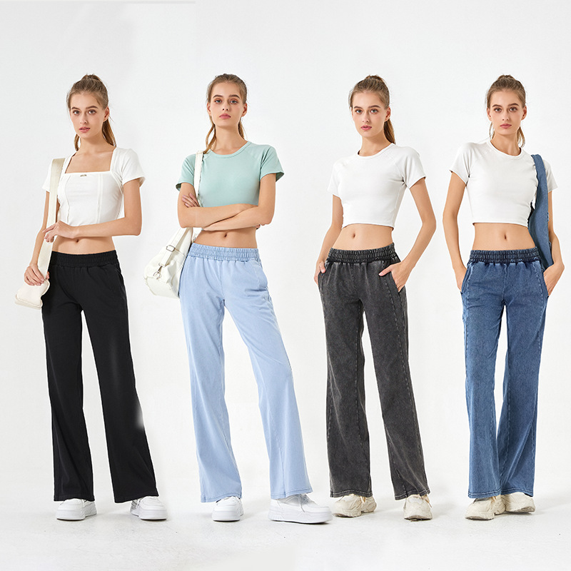 Otoño y invierno nuevos pantalones jeans holgados de cintura alta para mujeres de doble bolsillo elástico pantalones deportivos casuales de fitness