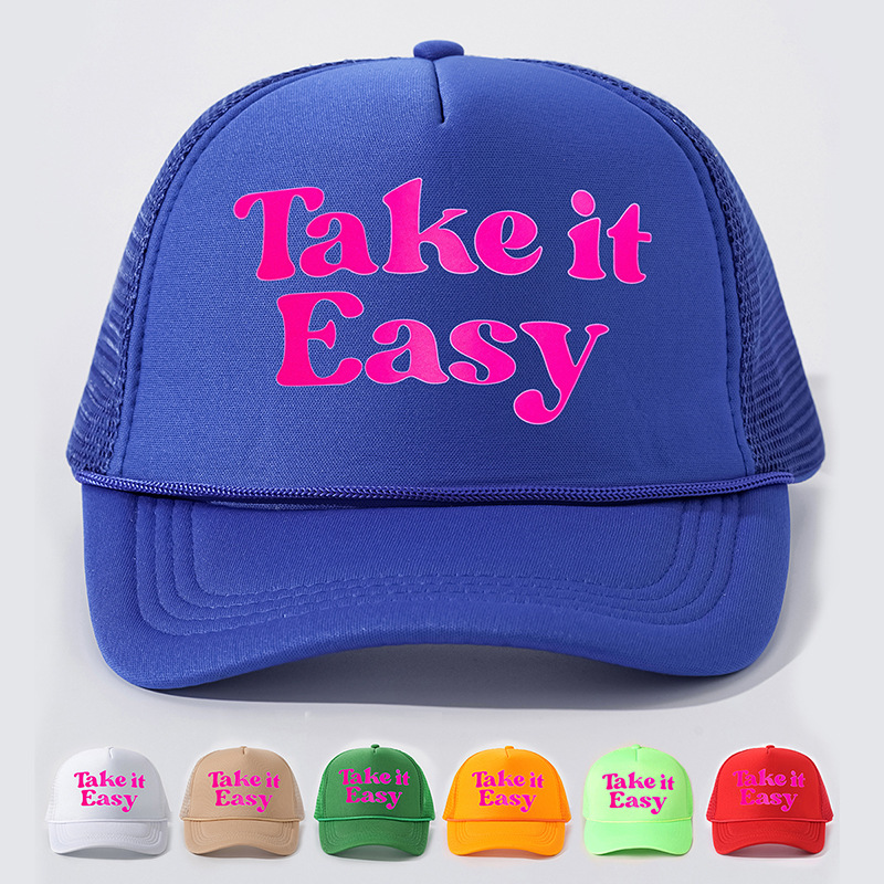 TEMU SHEIN 跨境爆款帽子印刷Takeit Easy 带绳海绵网帽 户外可调