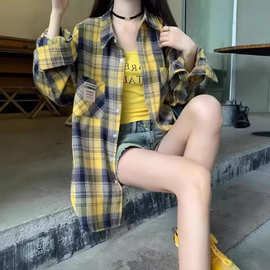 港风复古黄格子衬衫女春夏设计感薄款防晒衬衣外套