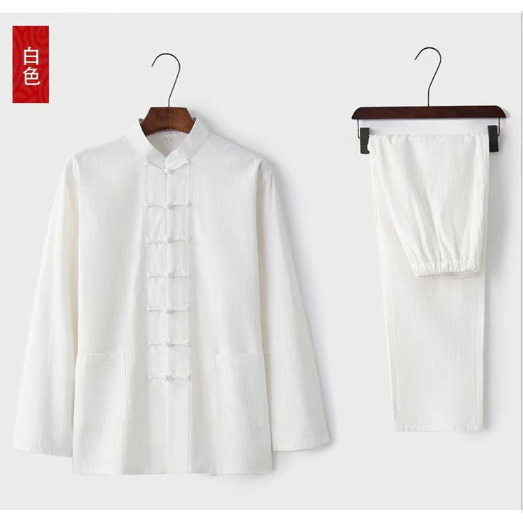 中国風の紳士服唐スーツ男性若者長袖リネンスーツ中国風のレトロな綿とリネンの禅服在家服茶服|undefined