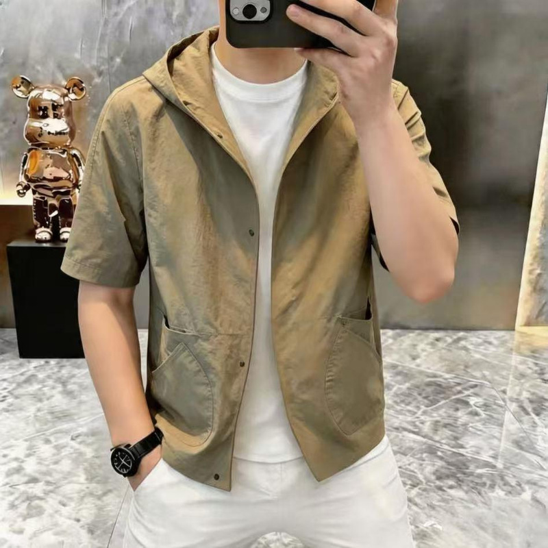High-End Summer Men's Hooded Short-Sleeve Shirt with Pocket Design, Casual Versatile Stylish Jacket, Trendy Men's Fashion